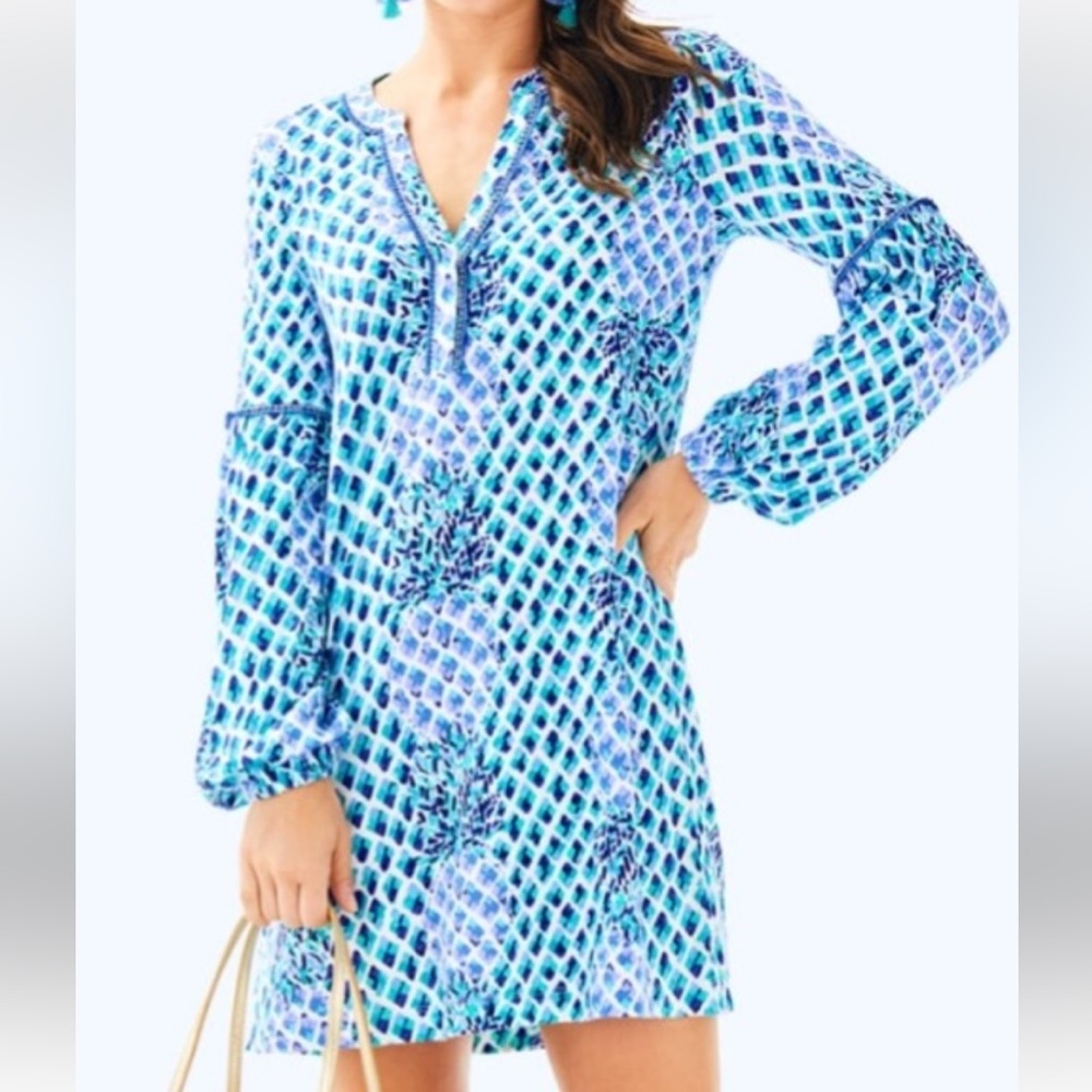 Lilly Pulitzer Toe In Blue White Pineapples Joy Long Sleeve Dress Small